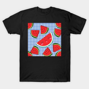 Watermelon on Blue Checks Summer Fruit Fun Graphic Art Gift T-Shirt